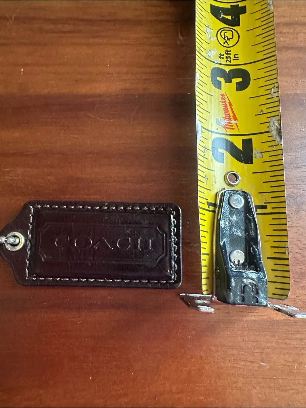 2”COACH Dark Brown Leather Key Tag with Silver Ball Chain